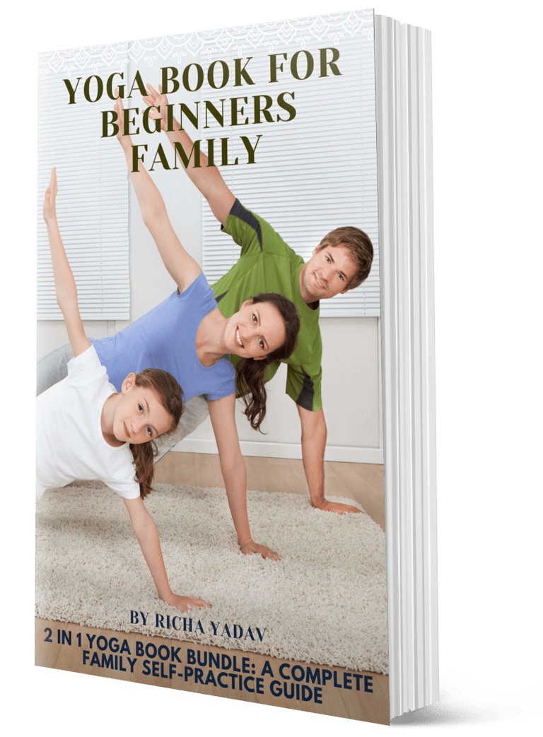 a child and her two parents doing yoga poses. Yoga book cover.