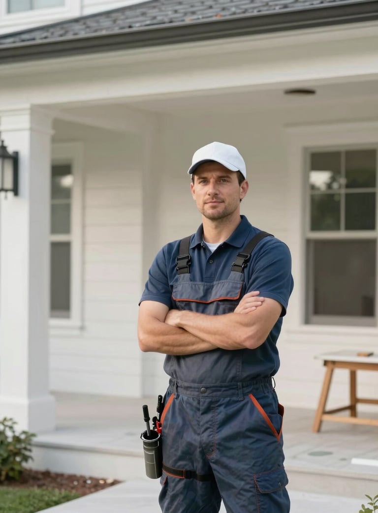 Clean, high-end photography of a professional painting contractor in the US standing proudly in front of a perfectly finished residential project, soft daylight.