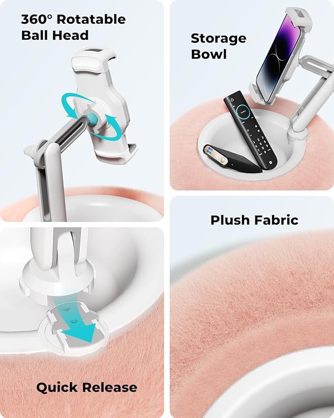 Viozon Tablet Stand Pillow – Adjustable plush tablet/phone holder with 360° rotation, bowl