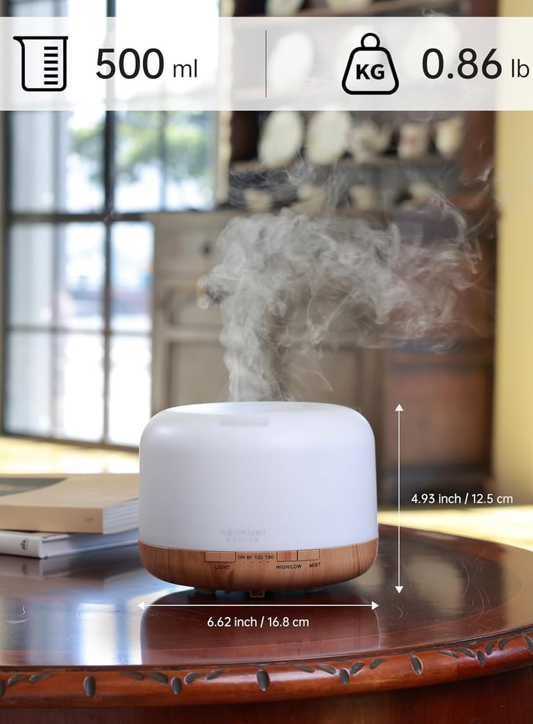 ASAKUKI 500ml Essential Oil Diffuser – Ultrasonic aromatherapy humidifier with remote control, LED 