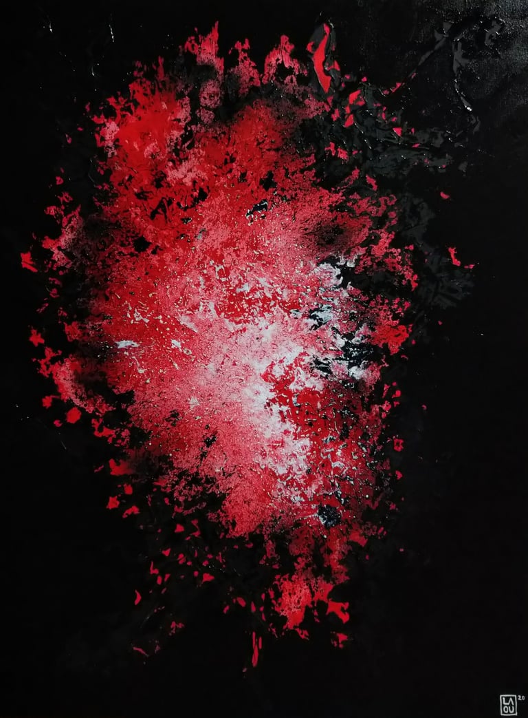 a red and black painting of a red and white paint splatter