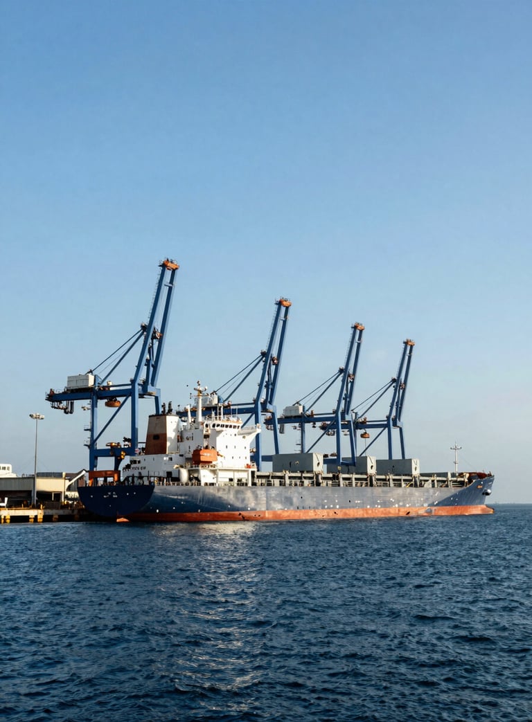 Wide-angle photograph of the Manzanillo port in Mexico, showing a massive cargo ship docked at a modern pier with giant ocean blue cranes, bright clear sky, deep navy blue sea, professional and industrial aesthetic.