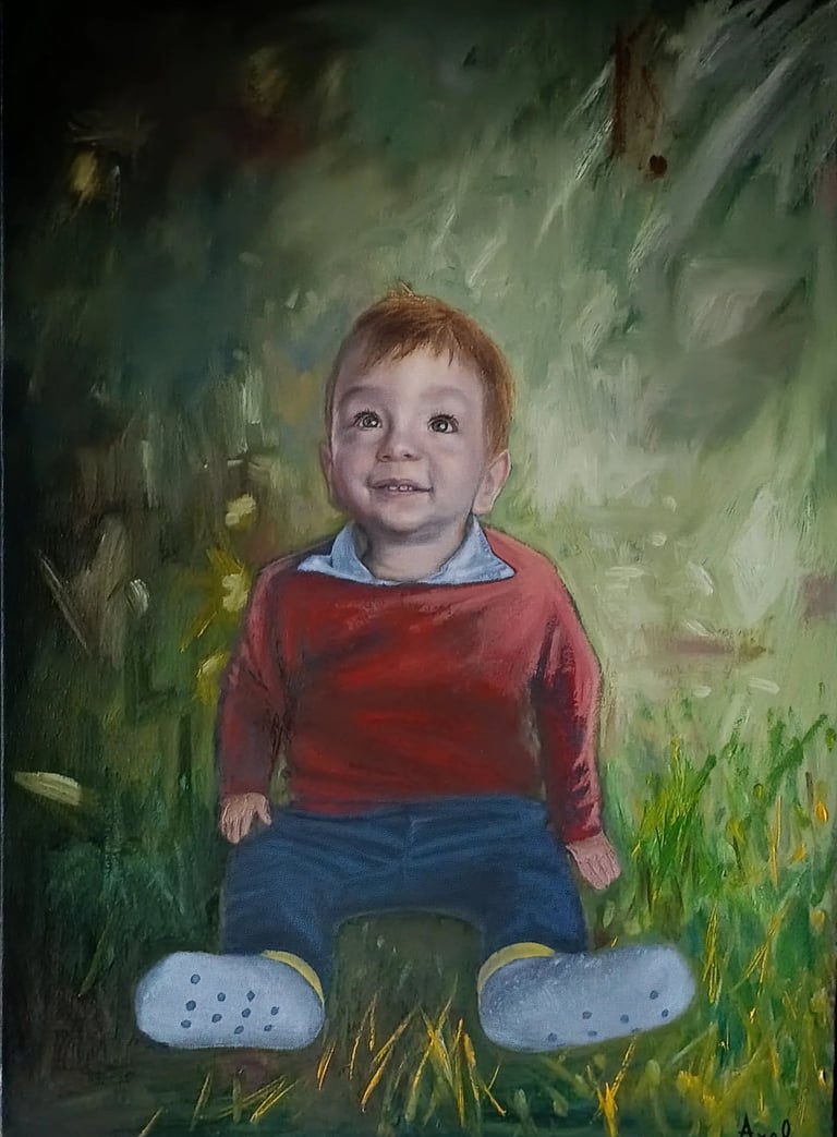 Vibrant oil on canvas portrait of a young boy wearing a red shirt, featuring expressive brushwork an