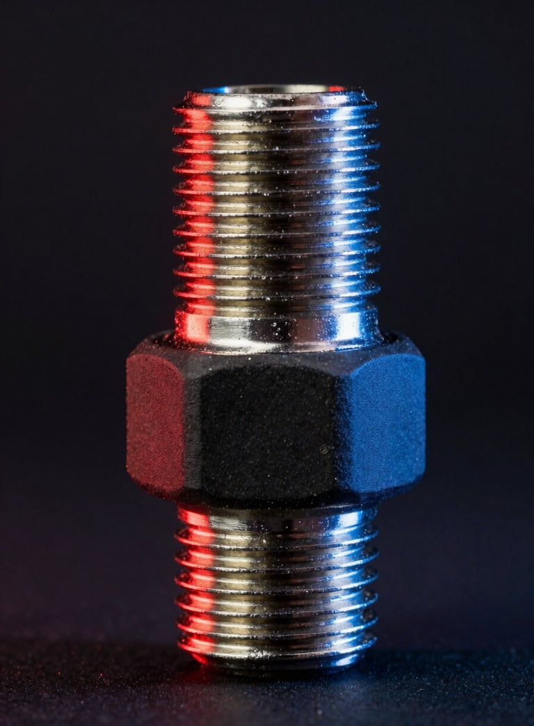 Macro studio shot of a heavy-duty crimped hose fitting, dark-field lighting with sharp red and blue rim lights reflecting off matte rubber and steel threads.