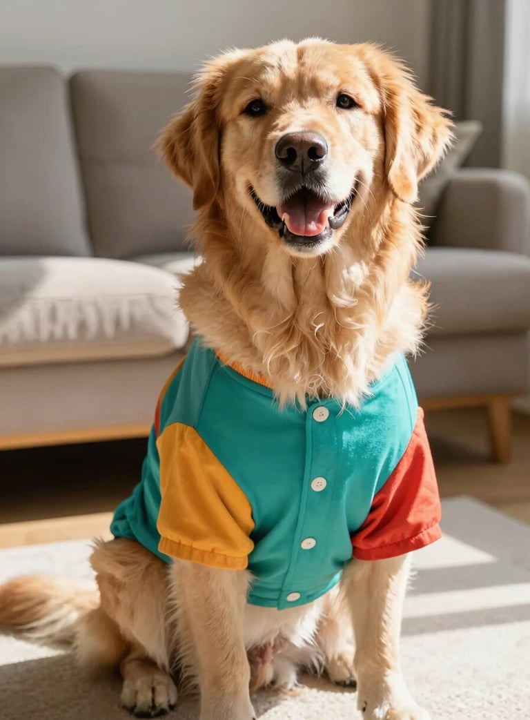 Golden Retriever con una colorida camiseta para perros de color turquesa, amarillo y rojo,