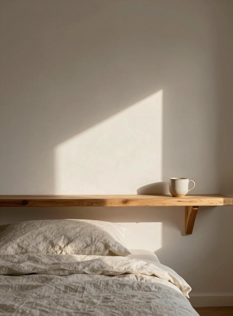 Close environmental shot of a coastal coliving suite detail — soft linen bedding catching afternoon window light, a natural wood bedside shelf with a ceramic cup, warm white plaster wall, empty and still, framed in a portrait crop with generous negative space above