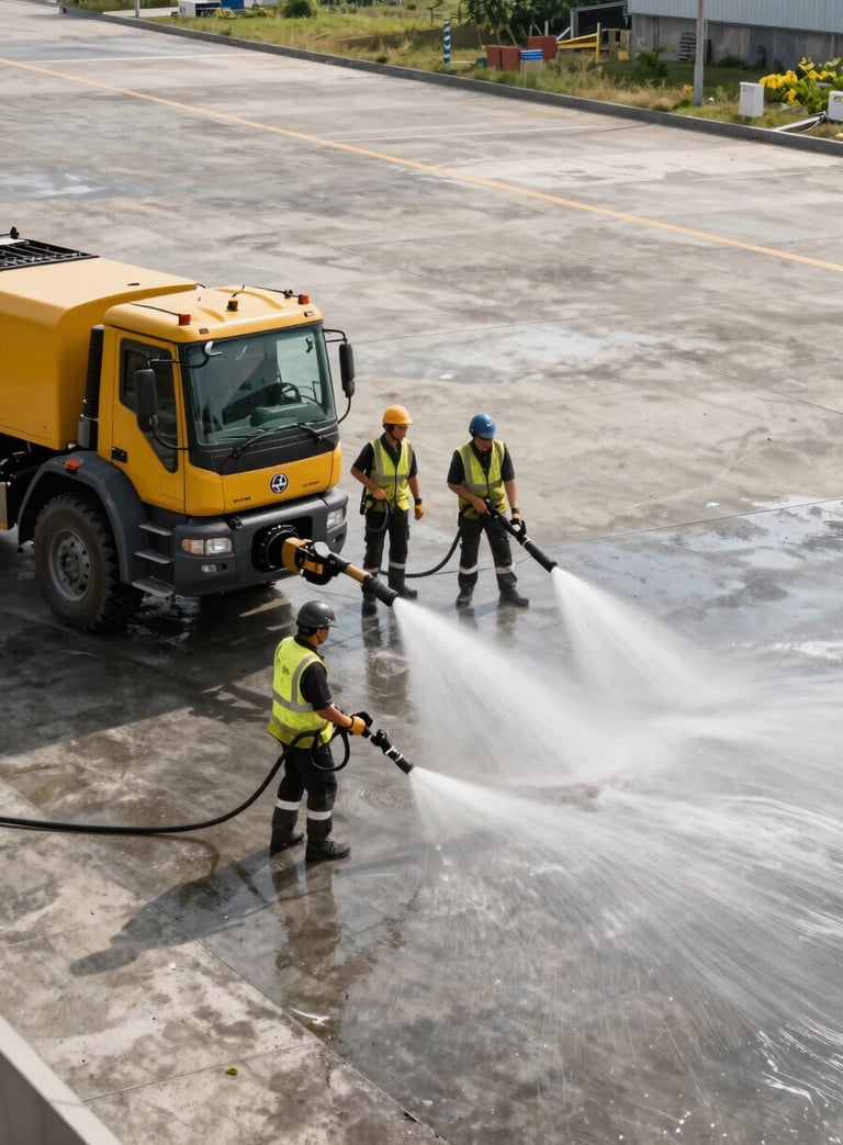 Wide environmental shot of a crew operating industrial pressure washing equipment on a large concrete apron beside heavy machinery, water pressure visible, overcast daylight, scope of work evident across the full frame