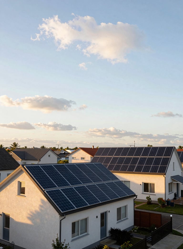 A wide-angle landscape photograph of a residential street where several houses have sleek, modern solar panels installed. The sky is a clear soft cloud white, and the afternoon sun casts a warm solar gold glow over the neighborhood, symbolizing energy independence.