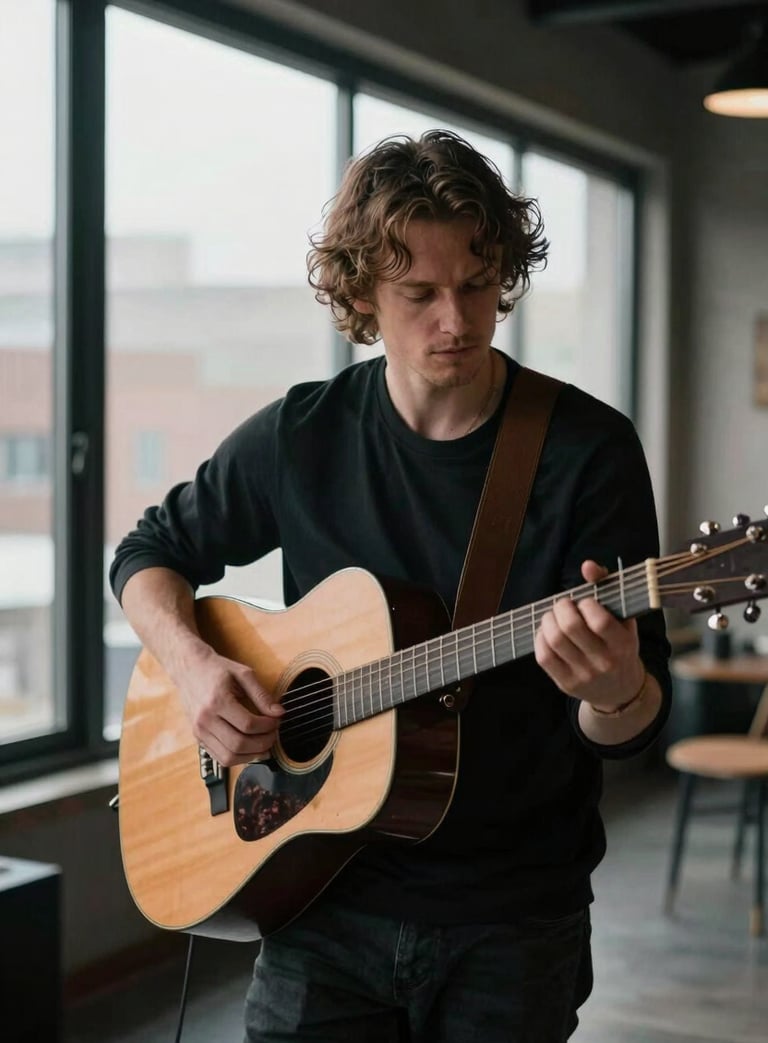 An intimate portrait of a male acoustic musician playing a guitar in a modern, moody loft space with large windows, North American setting.