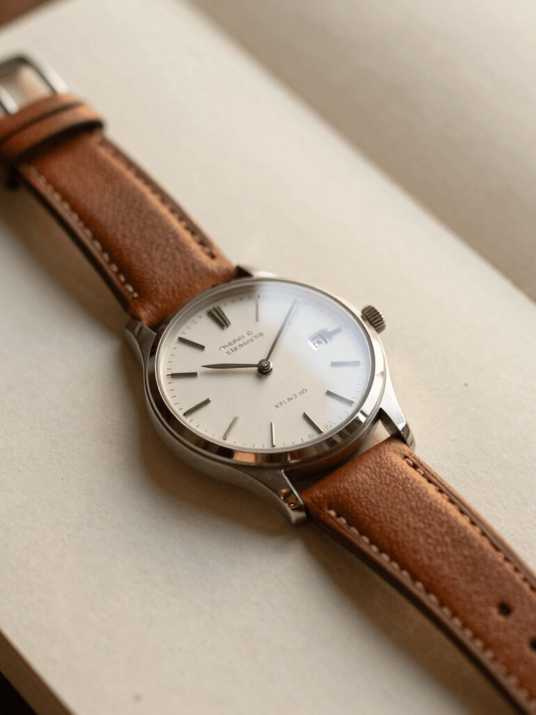 Close-up of a classic mechanical watch on a leather strap resting on a textured paper journal, warm golden hour light