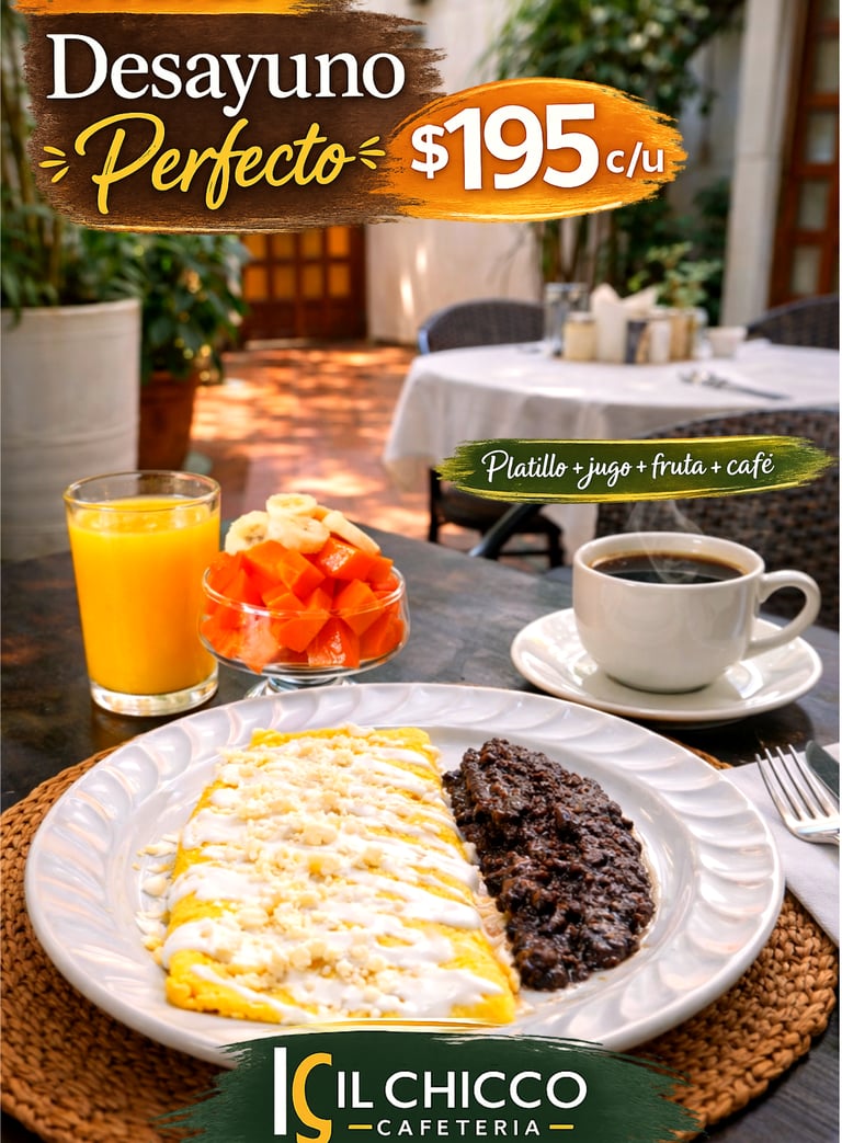 Desayuno completo en promoción en IL CHICCO con omelette, fruta, jugo y café servido en mesa
