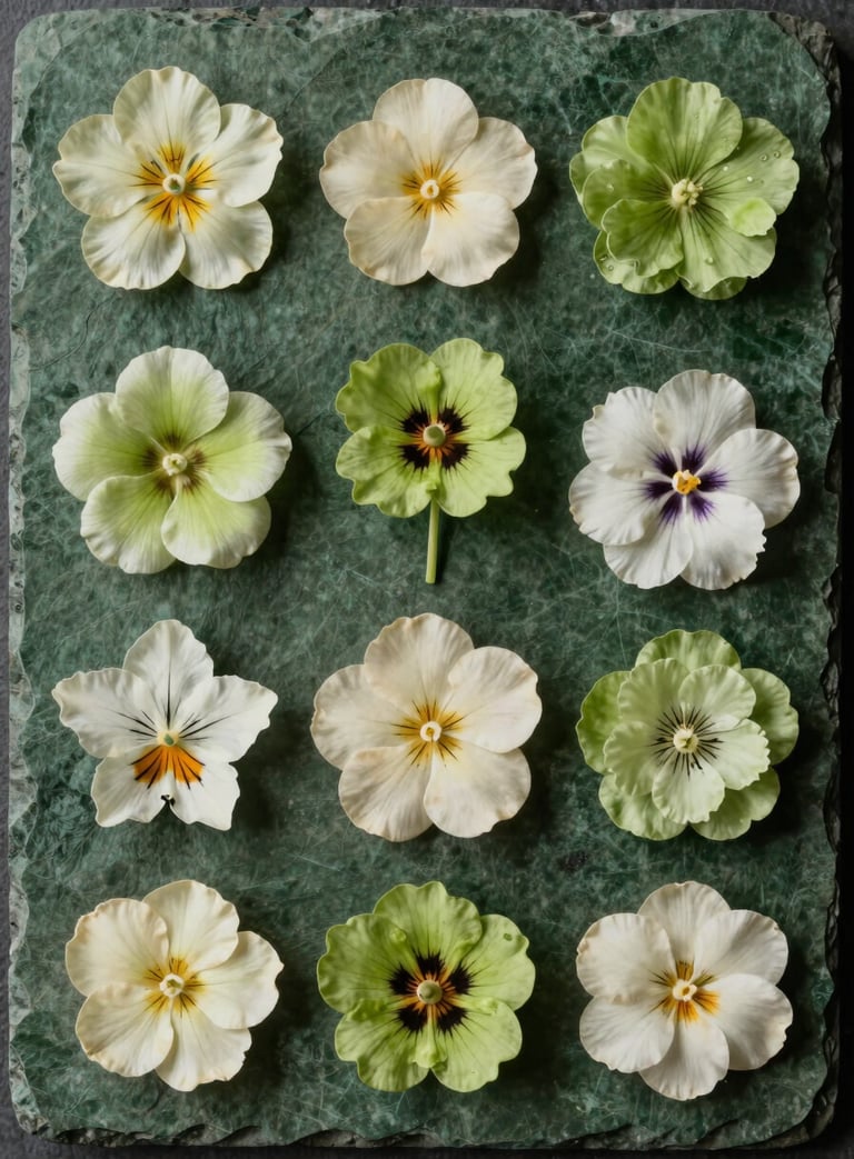 A top-down minimalist composition of various edible flowers in shades of pale green and cream, arranged on a deep green stone slab, high-end North American culinary photography.