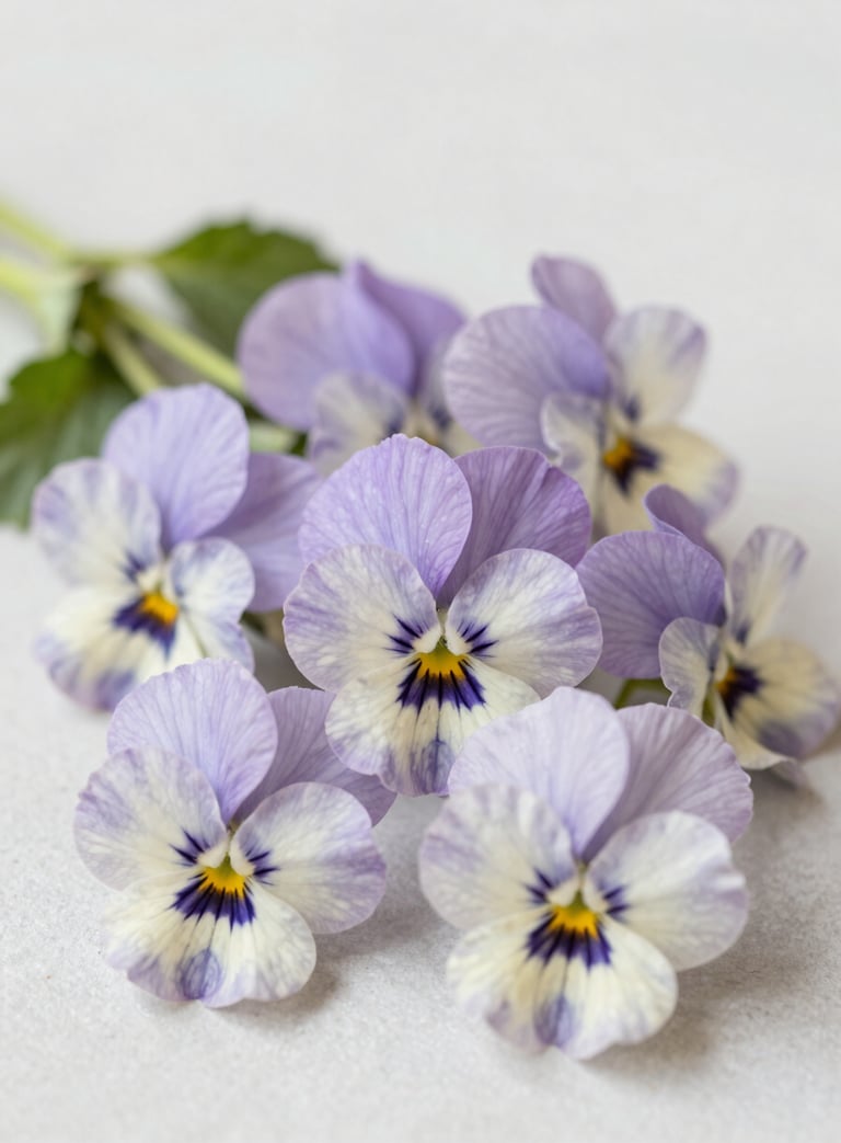 A high-resolution macro photograph of freshly harvested, delicate edible violas in shades of soft purple and off-white. The flowers are arranged on a minimalist, clean surface with soft, diffused morning light creating a sophisticated and luxurious feel. North American fine-dining context.