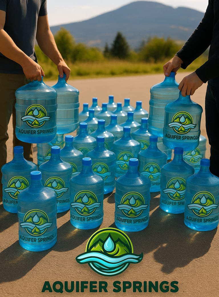 People lifting and arranging branded 18.9L Aquifer Springs water jugs outdoors with mountains behind