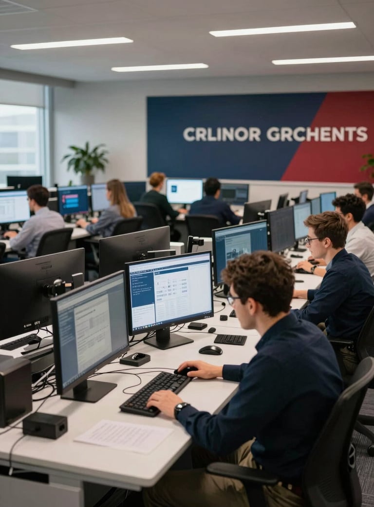 A wide photography shot of a modern newsroom with journalists working at desks with multiple monitors. The atmosphere is busy and professional, with dark navy blue and deep red branding visible on screens.