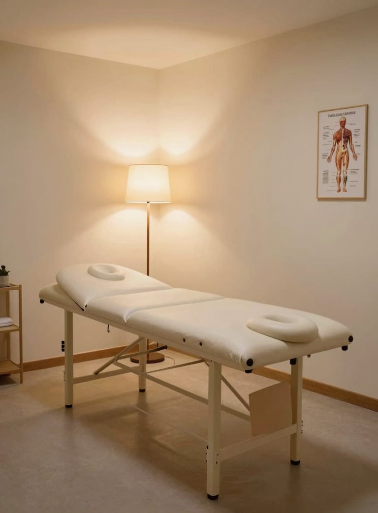 Wide shot of a calm, clean osteopathy treatment room — adjustable table centered, warm tungsten light from a floor lamp, cream walls, no clutter, a single anatomical reference on a side shelf, early morning quiet