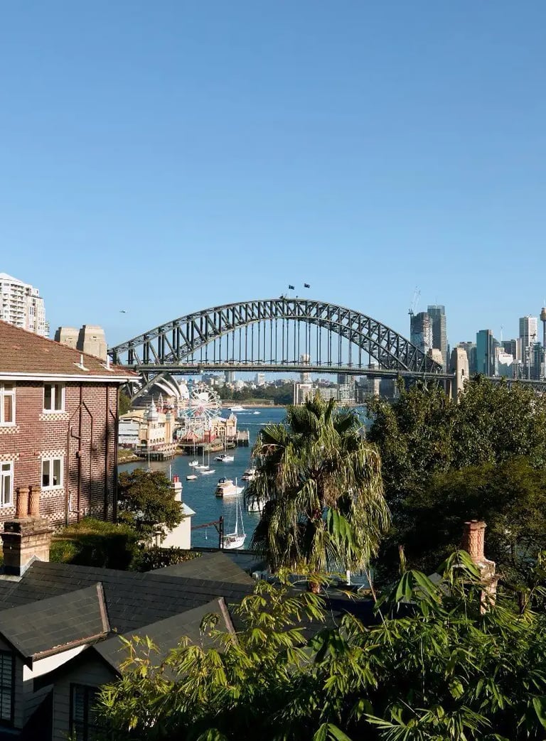 Panoramic view of the Sydney Harbour Bridge and city skyline over North Sydney