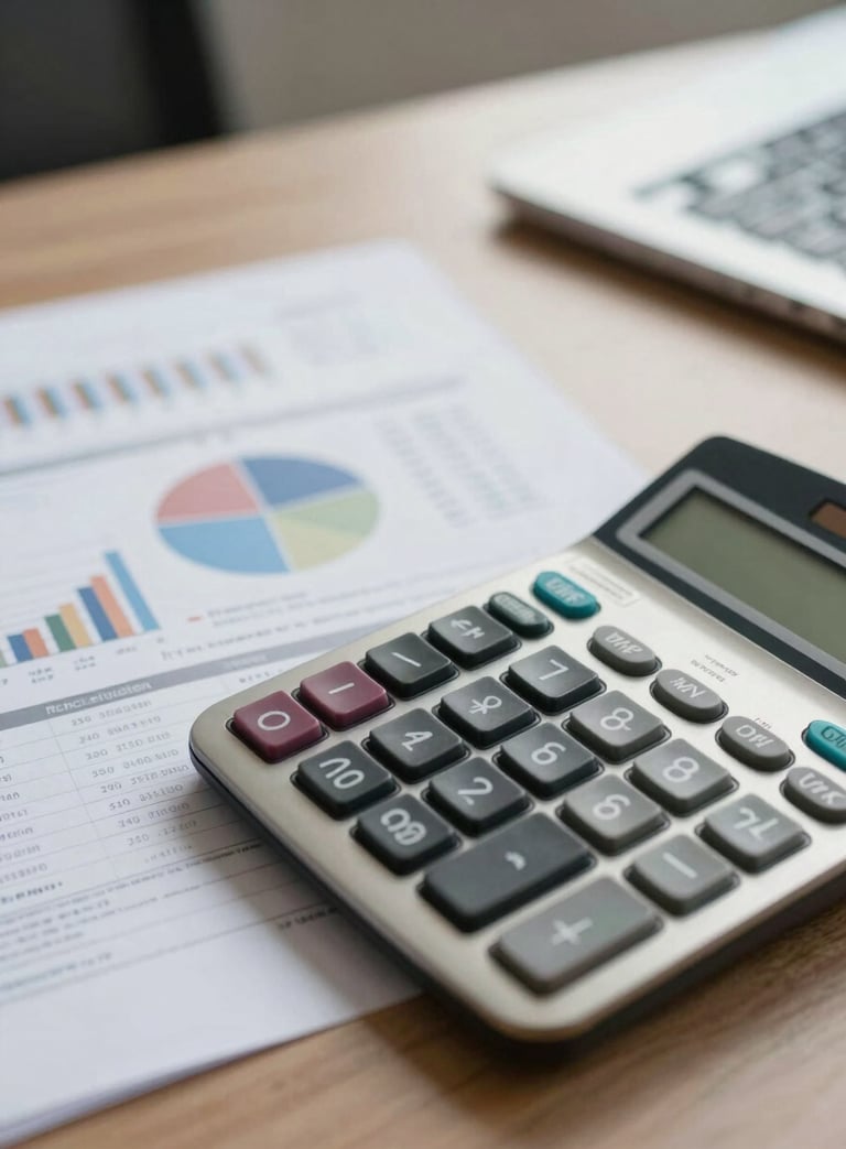 Close-up of professional financial reports and a calculator on a desk in a Southeast Asian / Indonesian office, natural lighting, clean business aesthetic.
