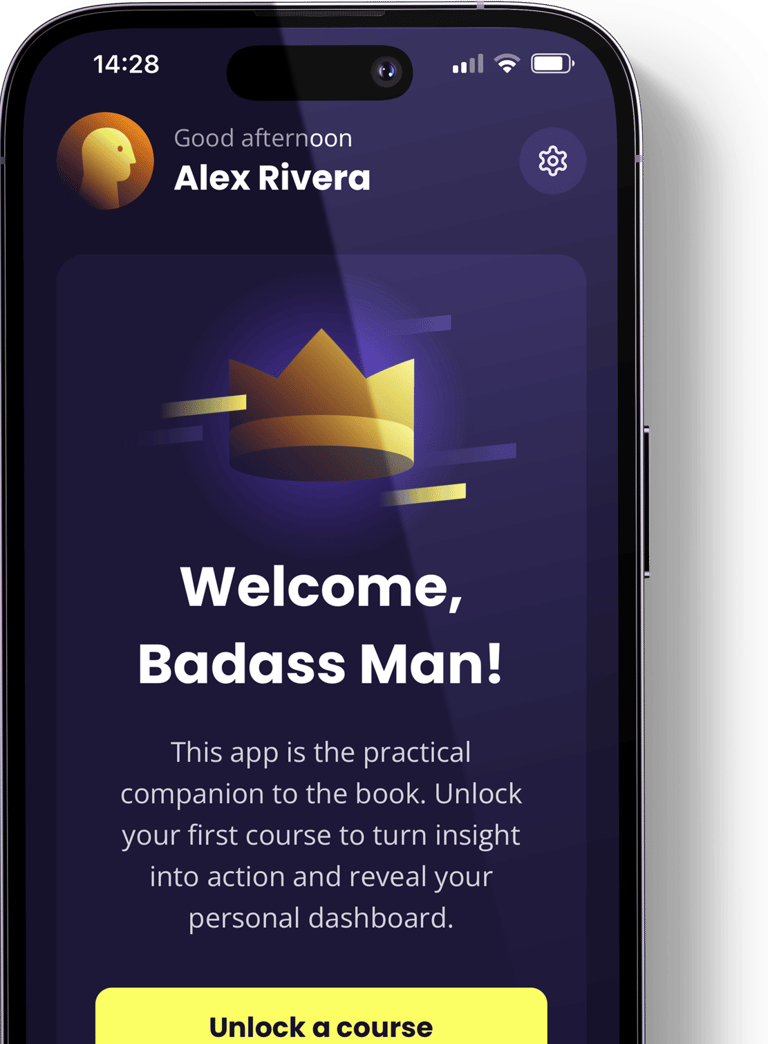 Badass Man Action App welcome screen displayed on smartphone mockup