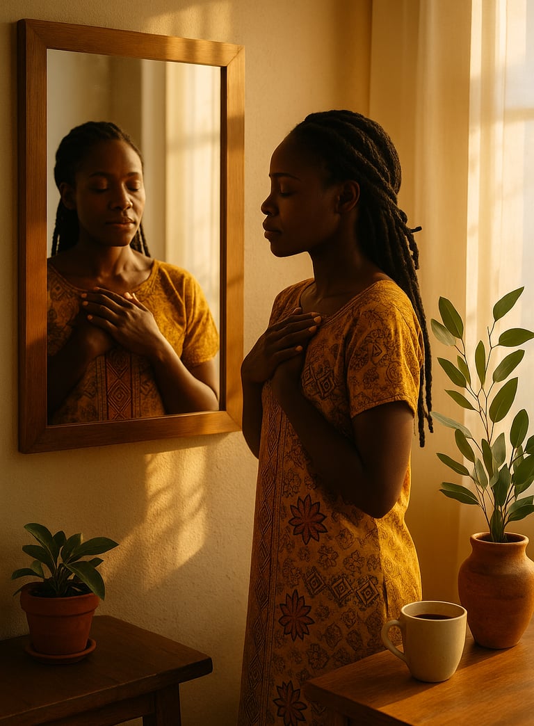 a woman in a yellow dress standing in front of a mirror