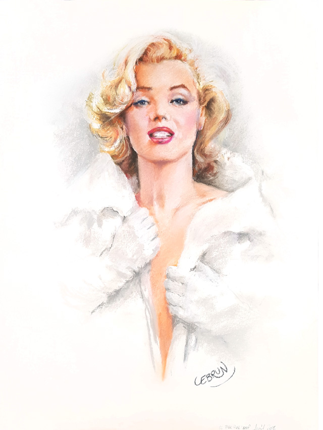 Portrait vintage de Marilyn Monroe aux pastels, avec des boucles blondes et un manteau de fourrure b
