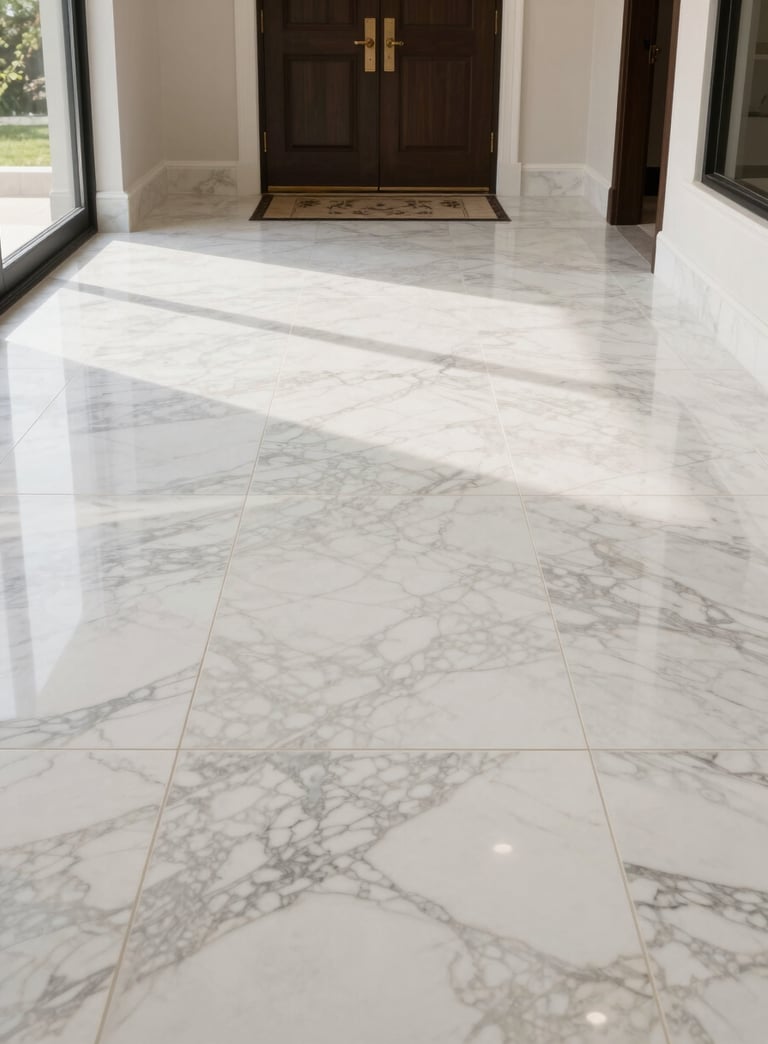 A high-end, professionally installed marble tile floor in a spacious, sunlit North American / US home entrance, showing premium craftsmanship and clean lines.