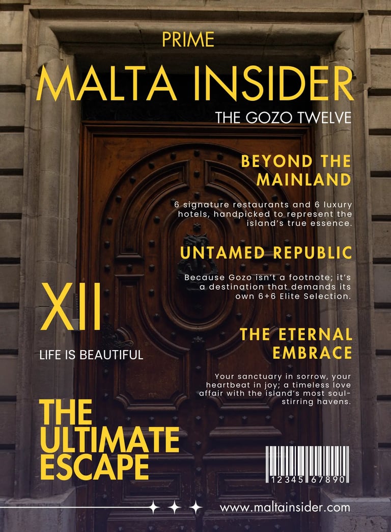 Malta Insider magazine cover featuring a rustic wooden door with luxury Gozo travel headlines.