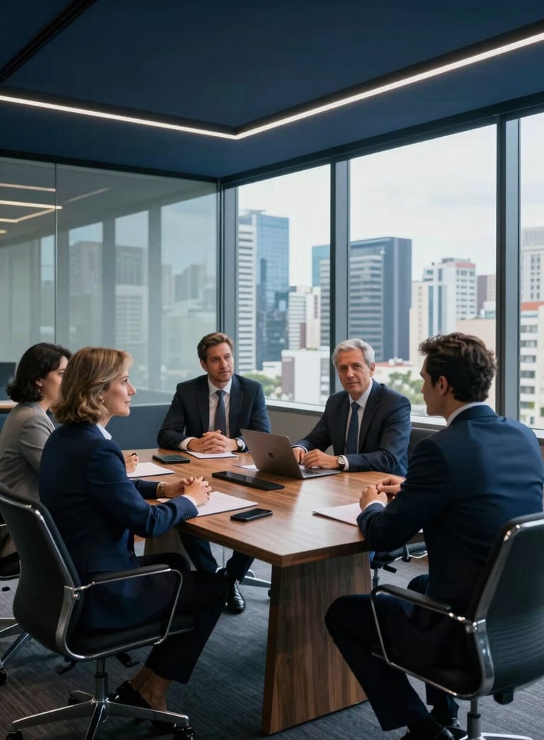 Wide-angle photography of a sleek, modern corporate office in Brazil during the day. A group of professional consultants in business attire are engaged in a strategic meeting around a wooden table. Large windows reveal a city skyline. Cinematic lighting, professional aesthetic, deep navy and steel blue tones.