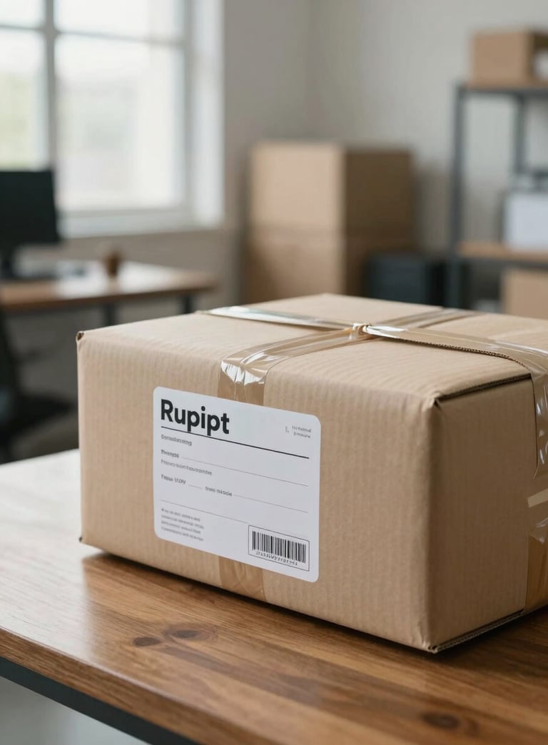 A clean, high-end close-up of a neatly packaged parcel with a minimalist shipping label, sitting on a polished wooden surface in a bright warehouse office. Soft daylight coming from a window, emphasizing efficiency and trust.