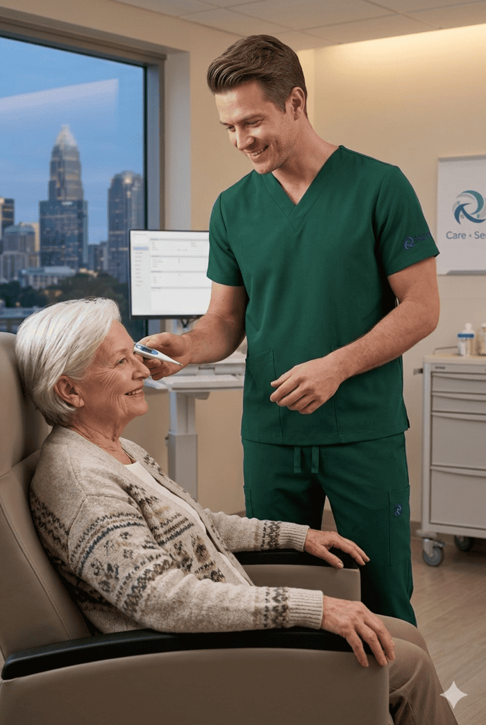 Enfermero con uniforme médico verde tomando la temperatura a una mujer mayor con un termómetro