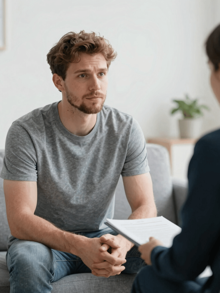 A young man listening intently during a professional counseling session or job interview.