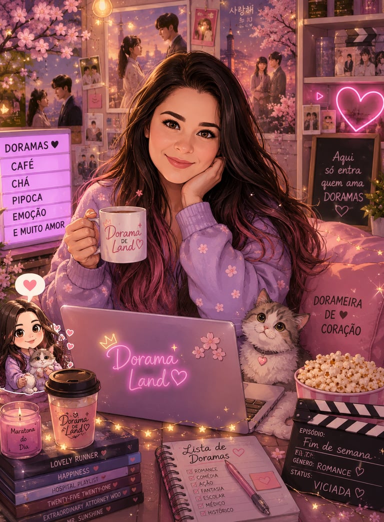 An anime-style girl holding a coffee mug while watching Korean dramas on a laptop in a pink aesthetic room.