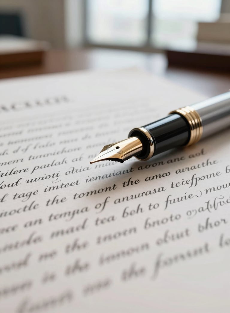 Macro close-up of a fountain pen resting on a pristine legal document with elegant Spanish calligraphy, soft side-lighting from a high-end office window, shallow depth of field.