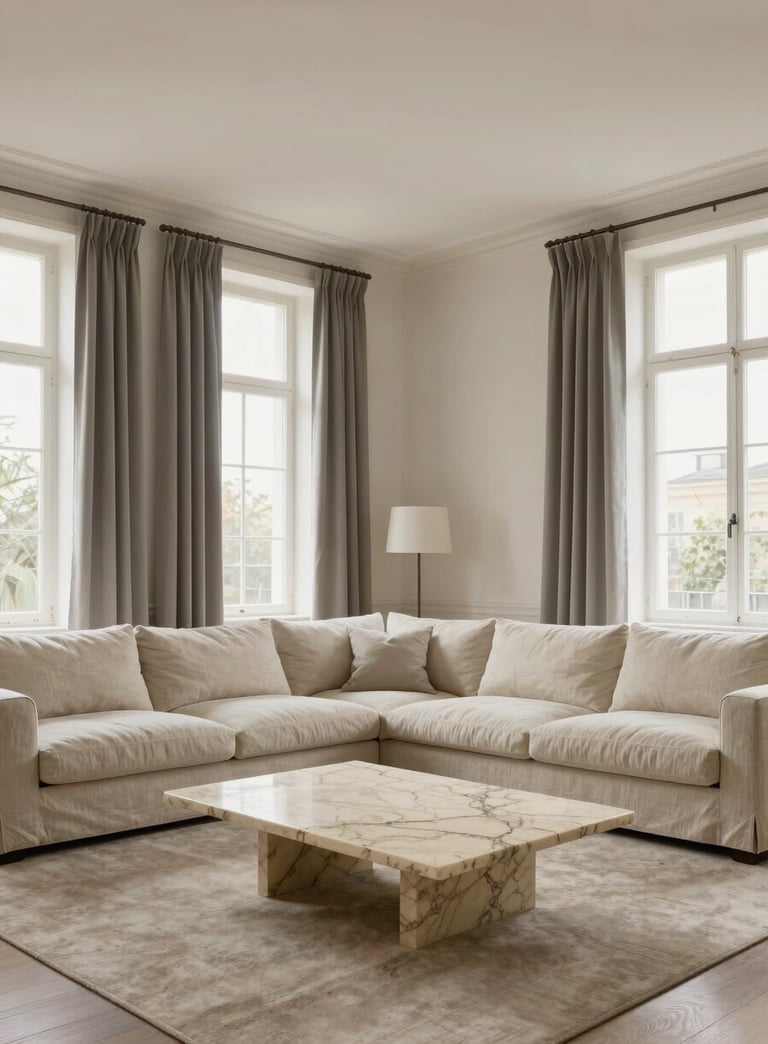 Salon moderne et minimaliste avec un canapé d'angle en lin crème et une table basse en marbre