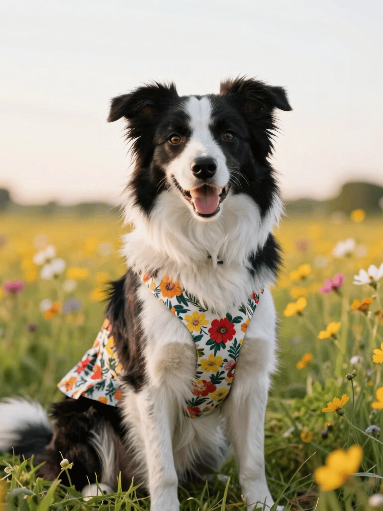 Un Border Collie feliz, con un arnés floral para perros, sentado en un prado soleado lleno de flores