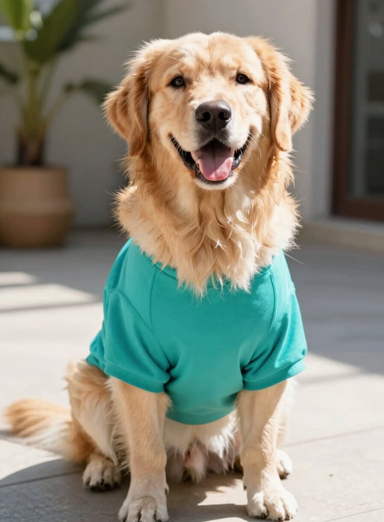 Un perro golden retriever feliz con una camiseta turquesa brillante sentado al aire libre
