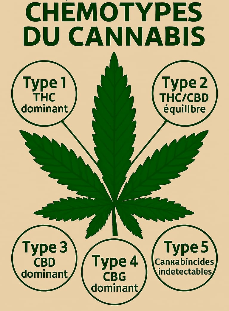 Schéma d’une feuille de chanvre présentant les différents chimiotypes de CBD et THC