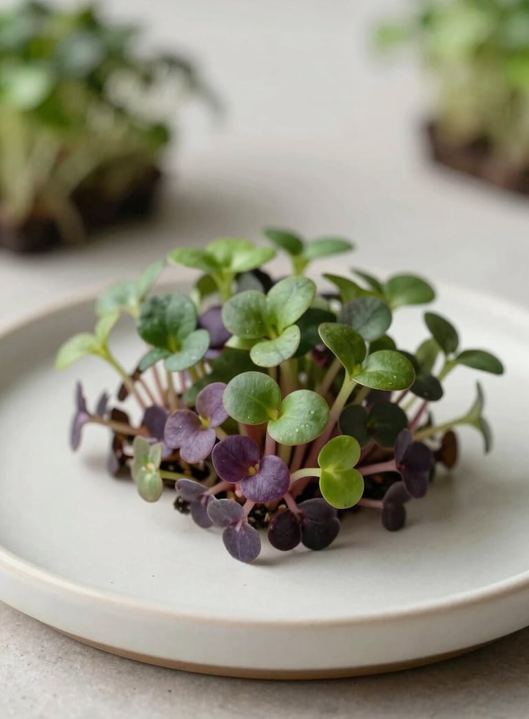 Macro photography of deep green and purple microgreens on an off-white ceramic surface, natural soft morning light, North American fine dining studio setting.