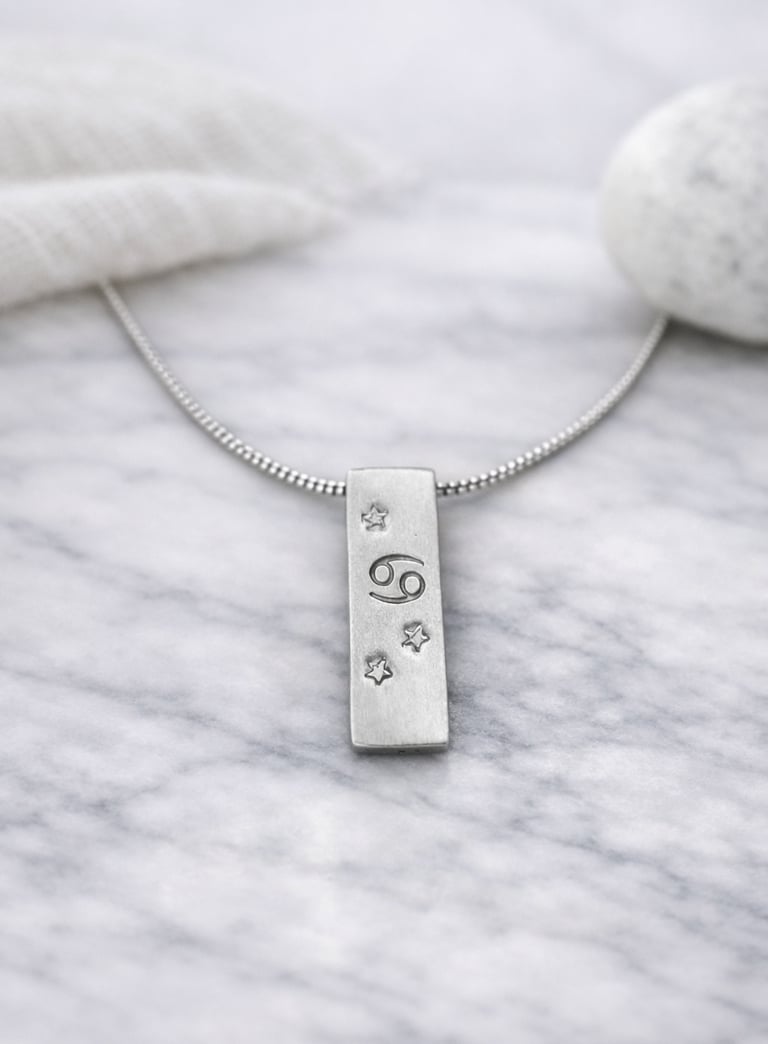 Handmade 999 silver Cancer zodiac necklace with a vertical bar pendant on a marble surface.