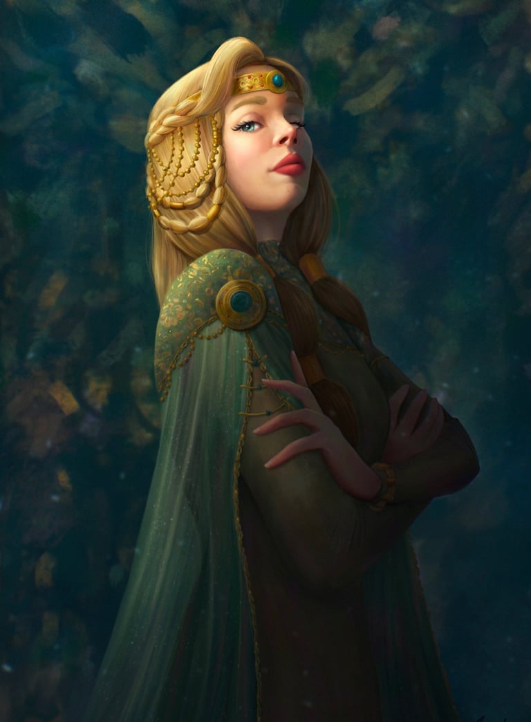 Illustration d'une femme noble avec des tresses, artiste fantasy medieval, character art pour auteur