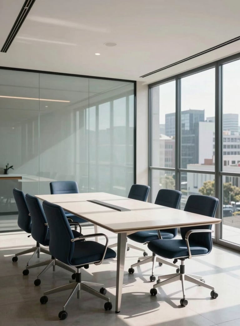Professional photography of a sunlit, modern boardroom in Guatemala City with glass walls and minimalist furniture in shades of dark blue and off-white.