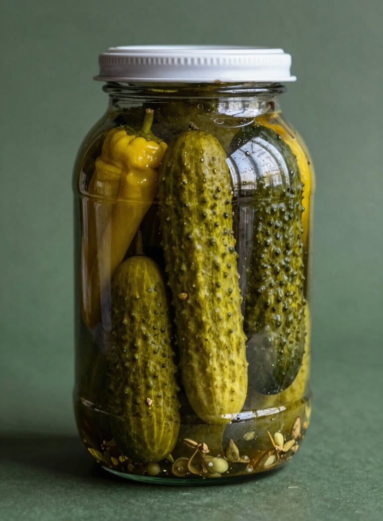Straight-on portrait of traditional glass pickle jars filled with vibrant green cucumbers and yellow peppers, soft natural pantry light, deep military green background, heritage food photography