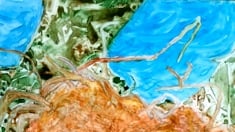 A painting of 4 robin eggs in a bird's nest on a tree branch