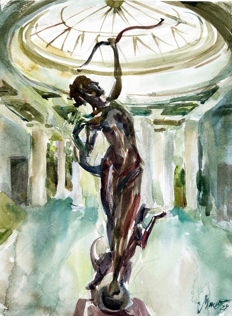 Watercolor painting of a woman statue holding a bow by artist Agne Skaringa