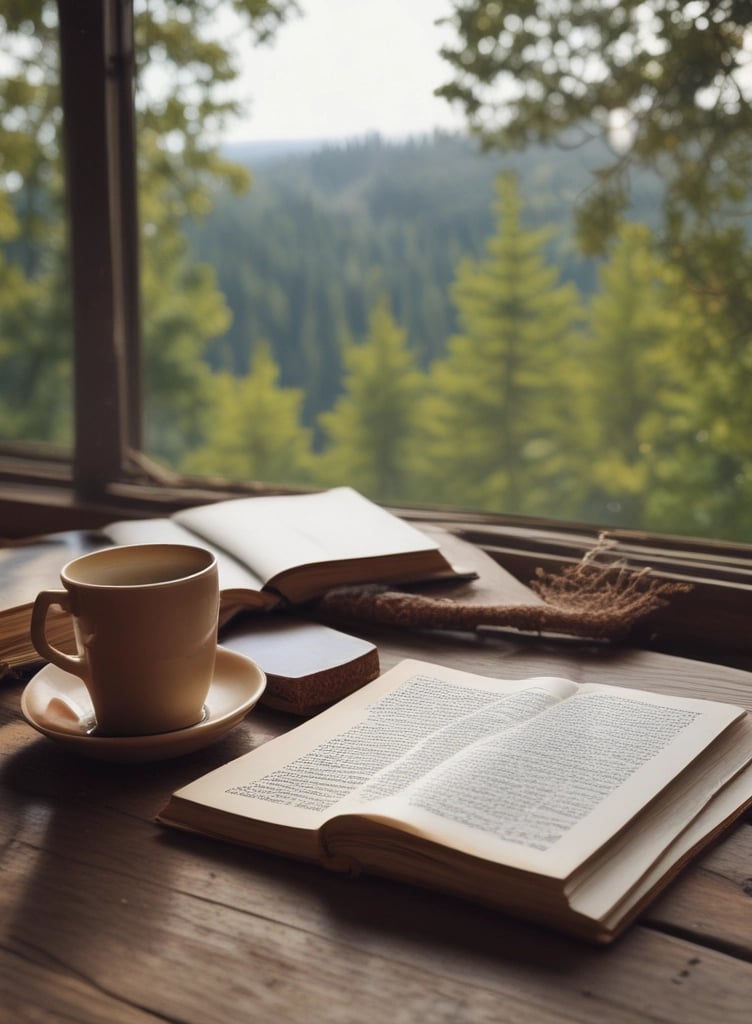 A cup of coffee and a book on a table