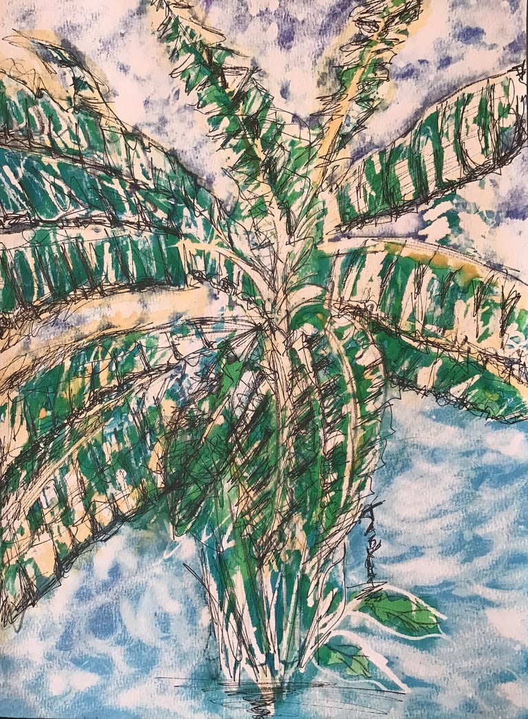 "Nothing like a bit of tropical peace." A whimsical, vibrant piece from Tabuchi.