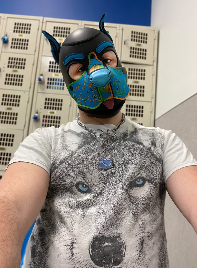 Man in pup mask.