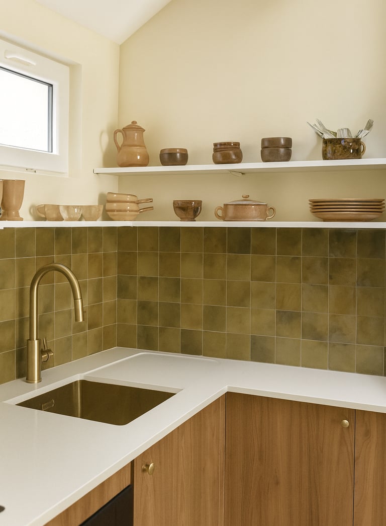 Custom walnut kitchen in Pau with marble and green zellige tiles