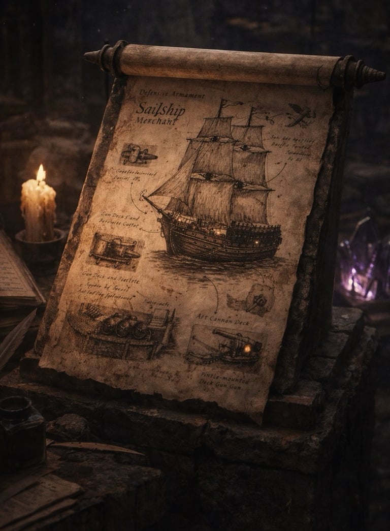 Ancient scroll of a merchant ship at a Freeport Mage Tower