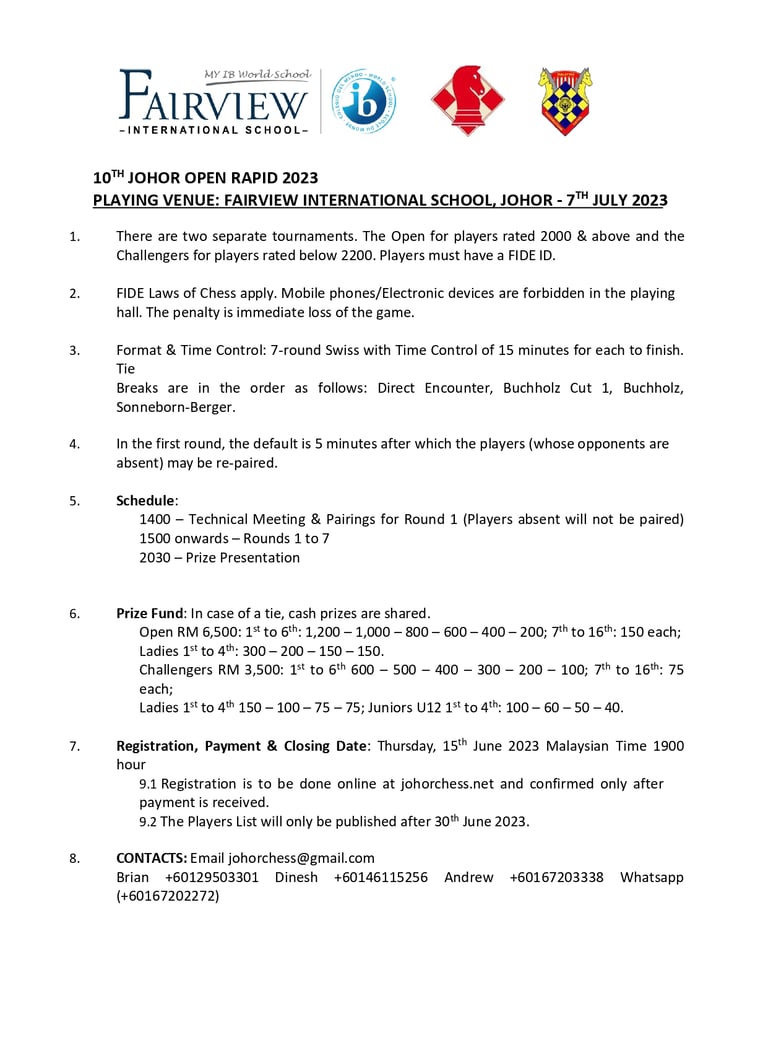 10th Johor Chess Open Rapid - ASEAN Chess Series. Malaysia Chess. Johor Open 2023
